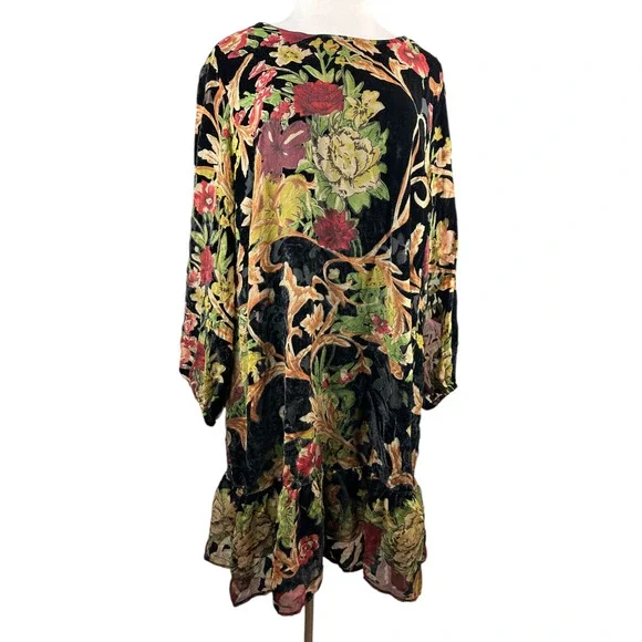 ABS Collection Crushed Velvet Floral Dress Long Sleeve Ruffle Black Plus Size 22 - Picture 14 of 15